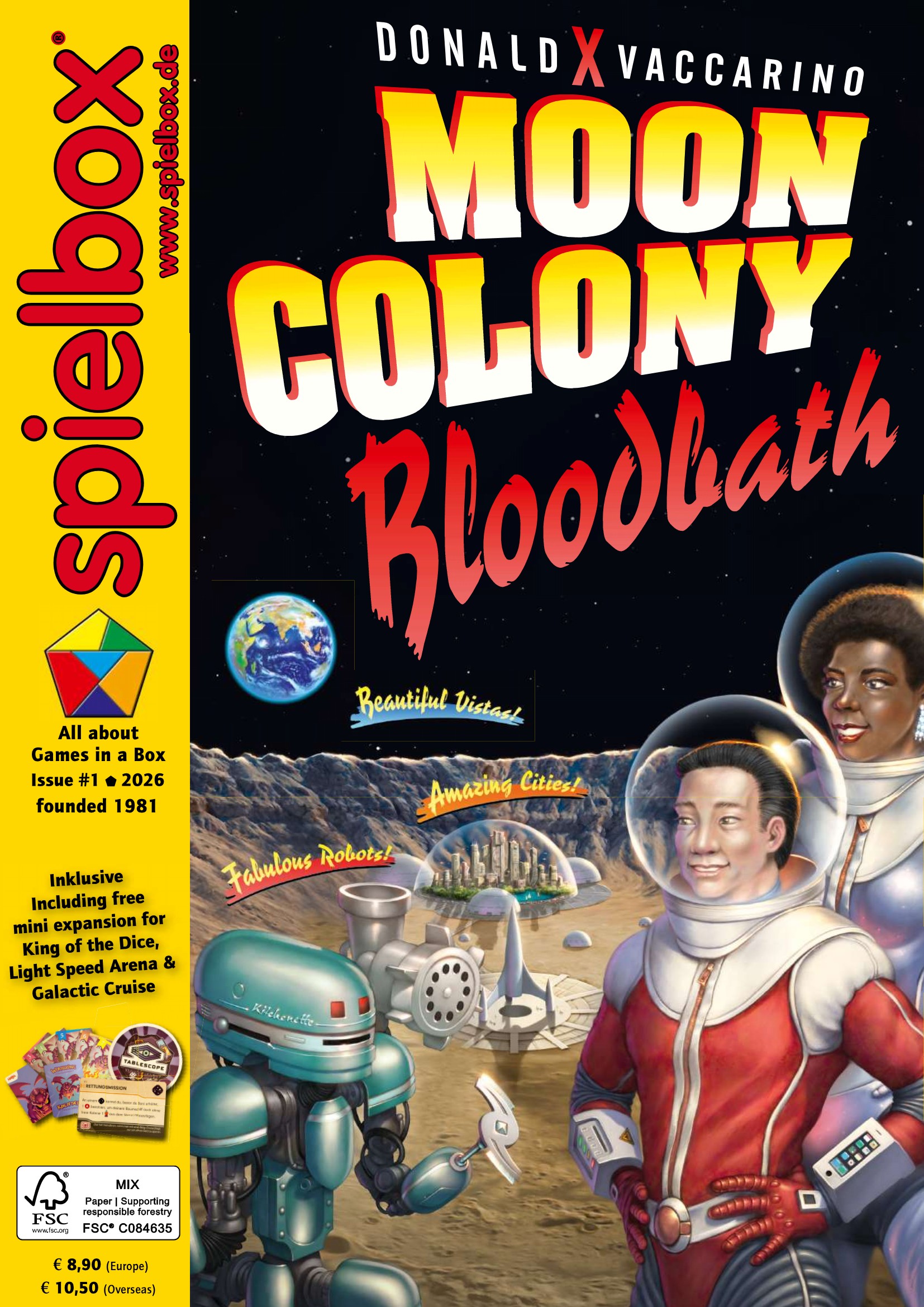 Cover of spielbox 1/2026 with the game Moon Colony Bloodbath from Alea