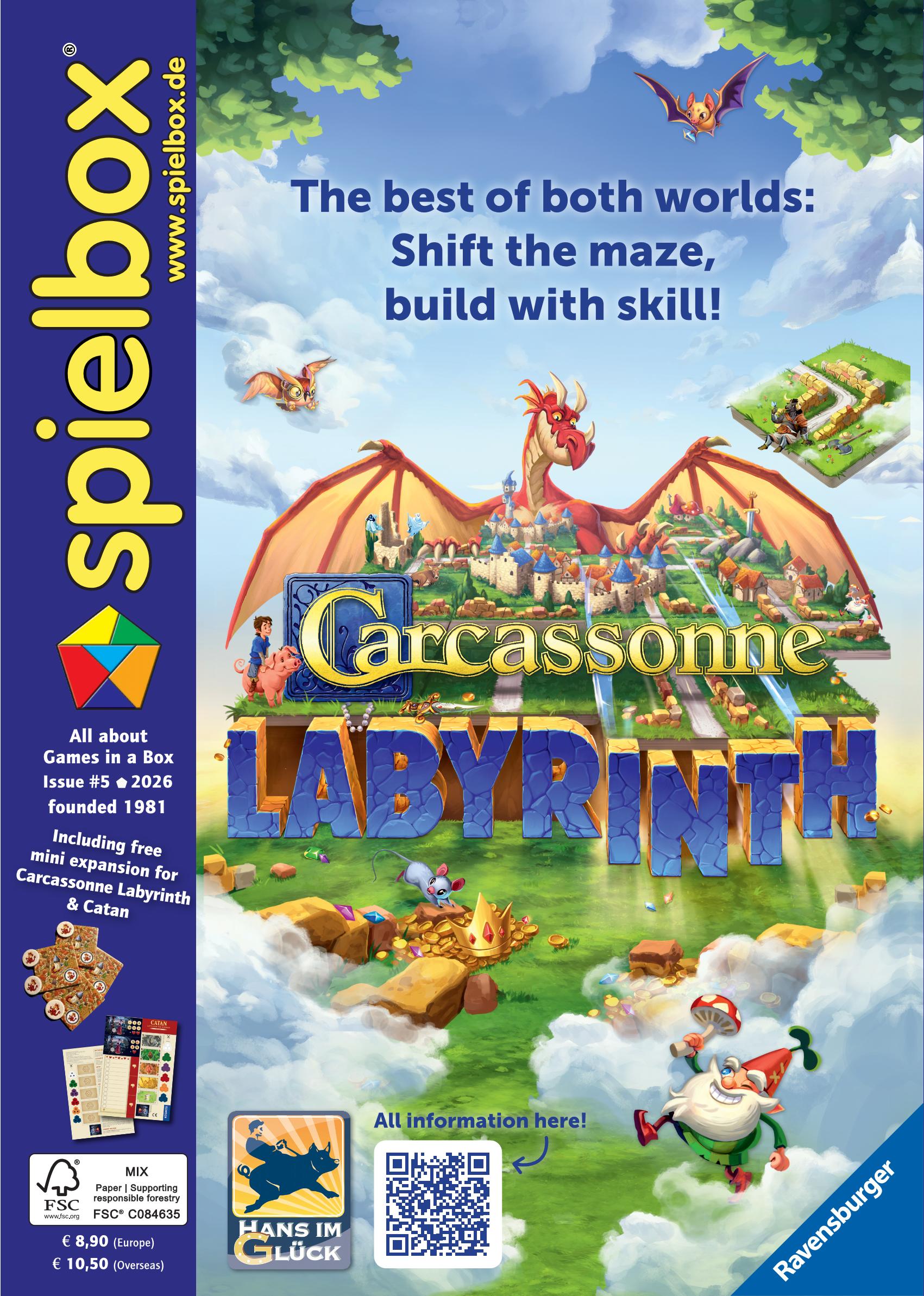 Cover of spielbox 5/2026 with the game "Carcassonne Labyrinth" from "Hans im Glück/Ravensburger