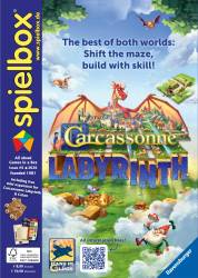 Titelbild der spielbox mit dem Spiel "CARCASSONNE LABYRINTH" von Hans im Glück & Ravensburger